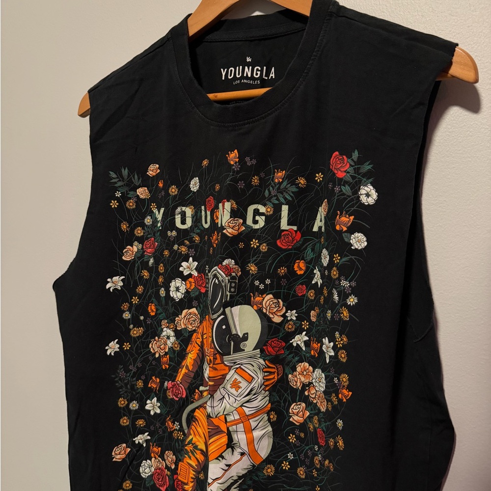 YoungLA Black Graphic Tee with Orange Astronaut and Multicolor Floral